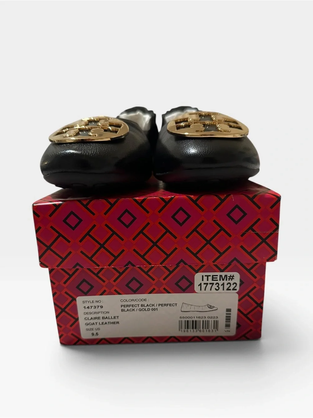 Tory Burch Claire Ballet Flats Black Leather Gold Logo NIB Size 9.5
